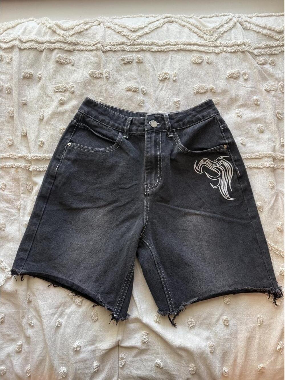 NVFelix Black Embroidered Tribal Raw Hem Denim Jorts